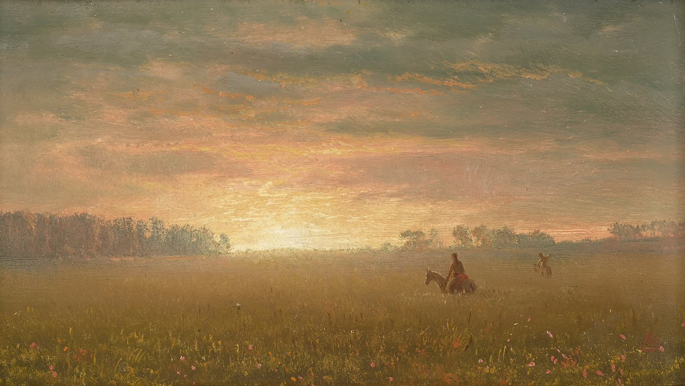 A lone rider crosses a meadow at dawn under a gold-tinted sky.